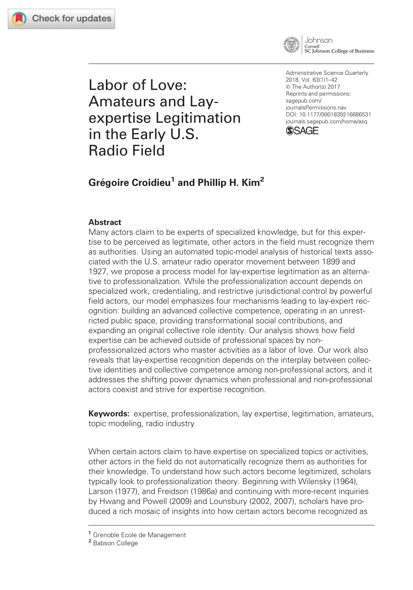 PDF) Labor of Love Amateurs and Lay-Expertise Legitimation in the Early