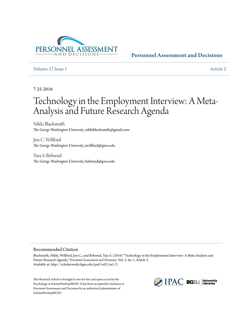 (PDF) Technology in the Employment Interview: A Meta-Analysis and Future Research Agenda