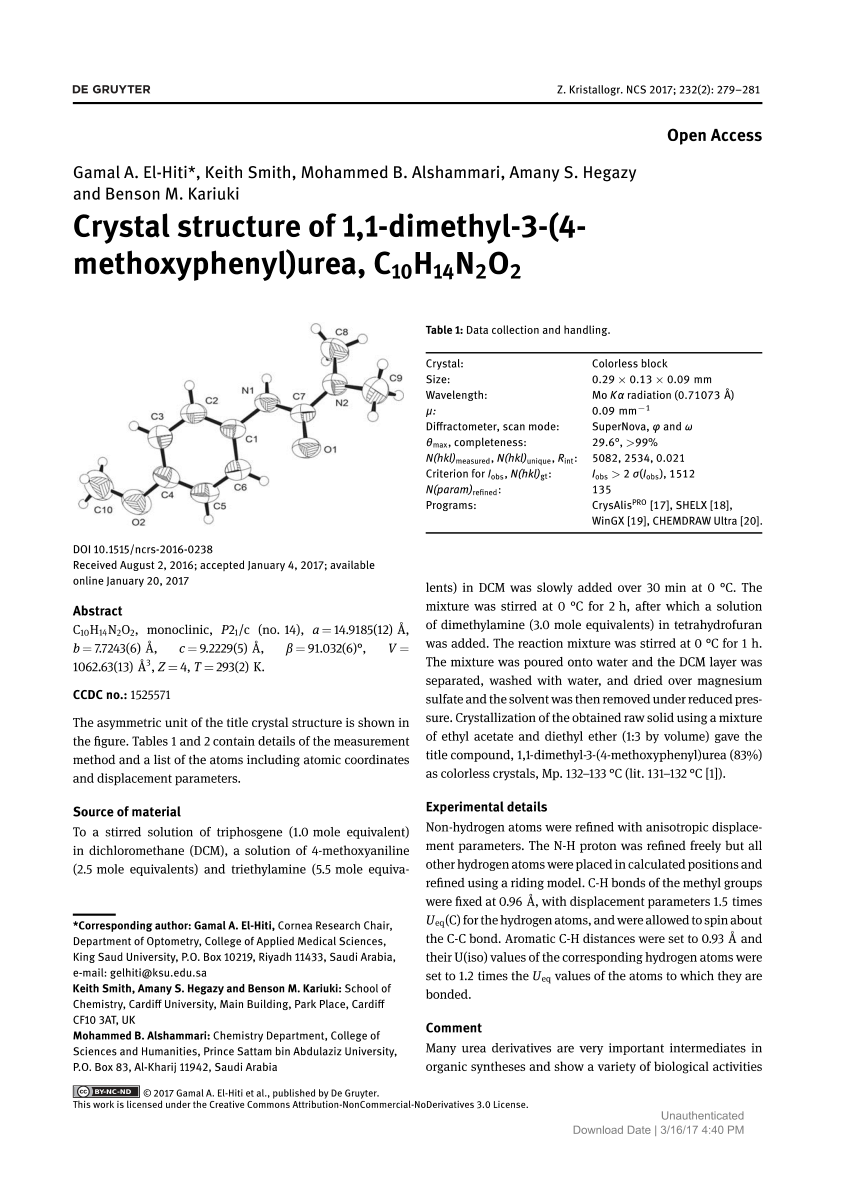 Pdf Crystal Structure Of 1 1 Dimethyl 3 4 Methoxyphenyl Urea C10h14n2o2