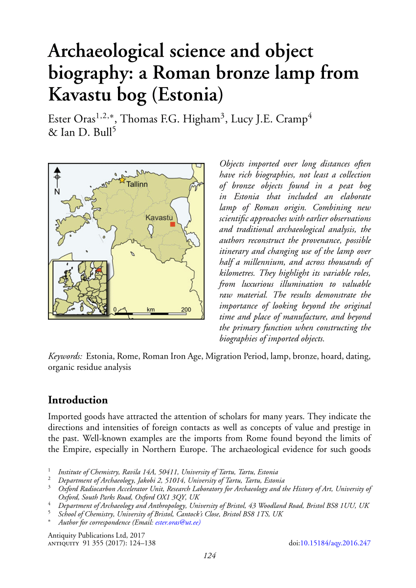 Pdf Archaeological Science And Object Biography A Roman Bronze Lamp From Kavastu Bog Estonia
