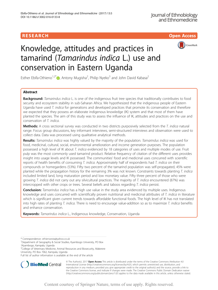 Pdf Knowledge Attitudes And Practices In Tamarind Tamarindus Indica L Use And Conservation In Eastern Uganda