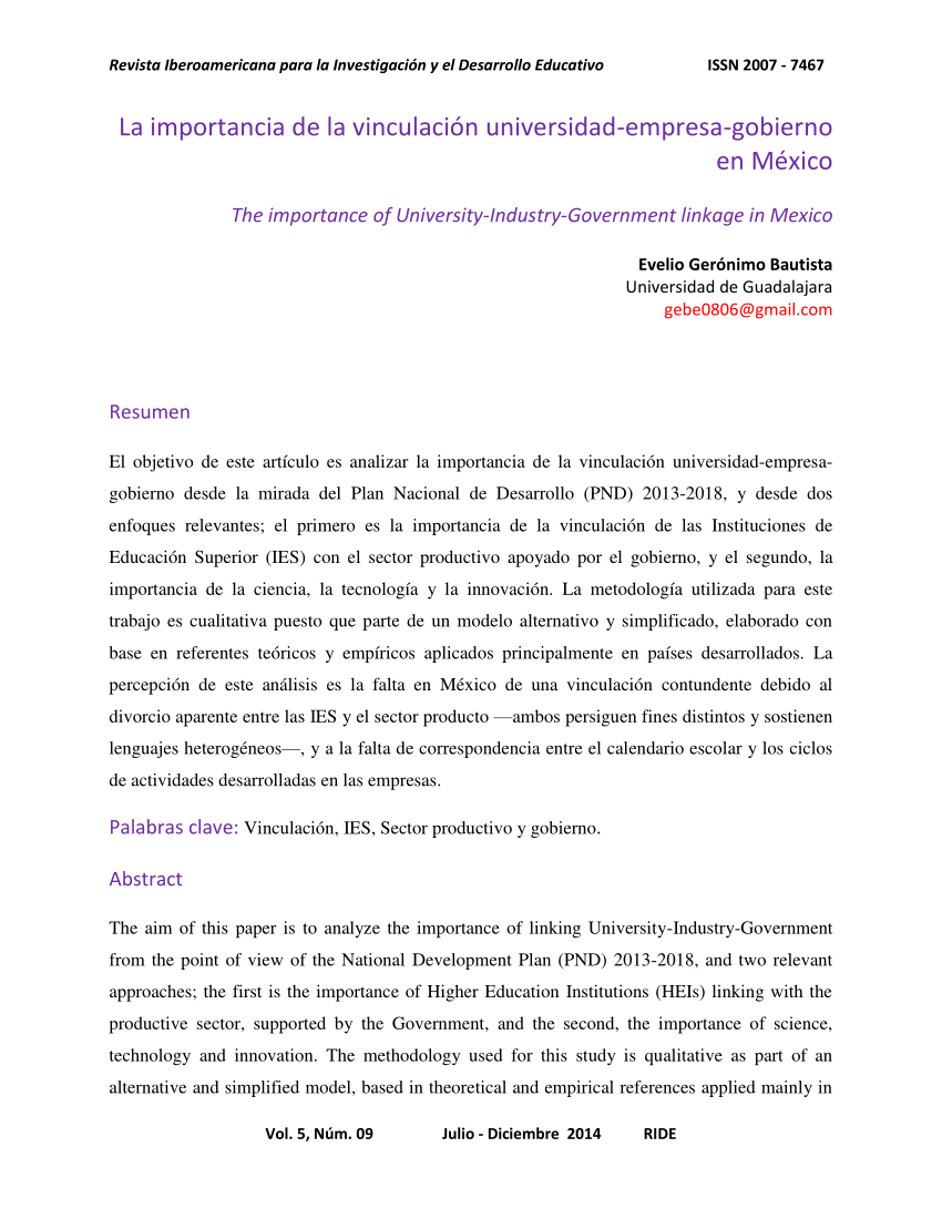 Pdf La Importancia De La Vinculacion Universidad Empresa Gobierno En Mexico The Importance Of University Industry Government Linkage In Mexico