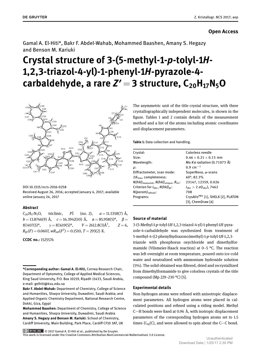 Pdf Crystal Structure Of 3 5 Methyl 1 P Tolyl 1h 1 2 3 Triazol 4 Yl 1 Phenyl 1h Pyrazole 4 Carbaldehyde A Rare Z 3 Structure Ch17n5o