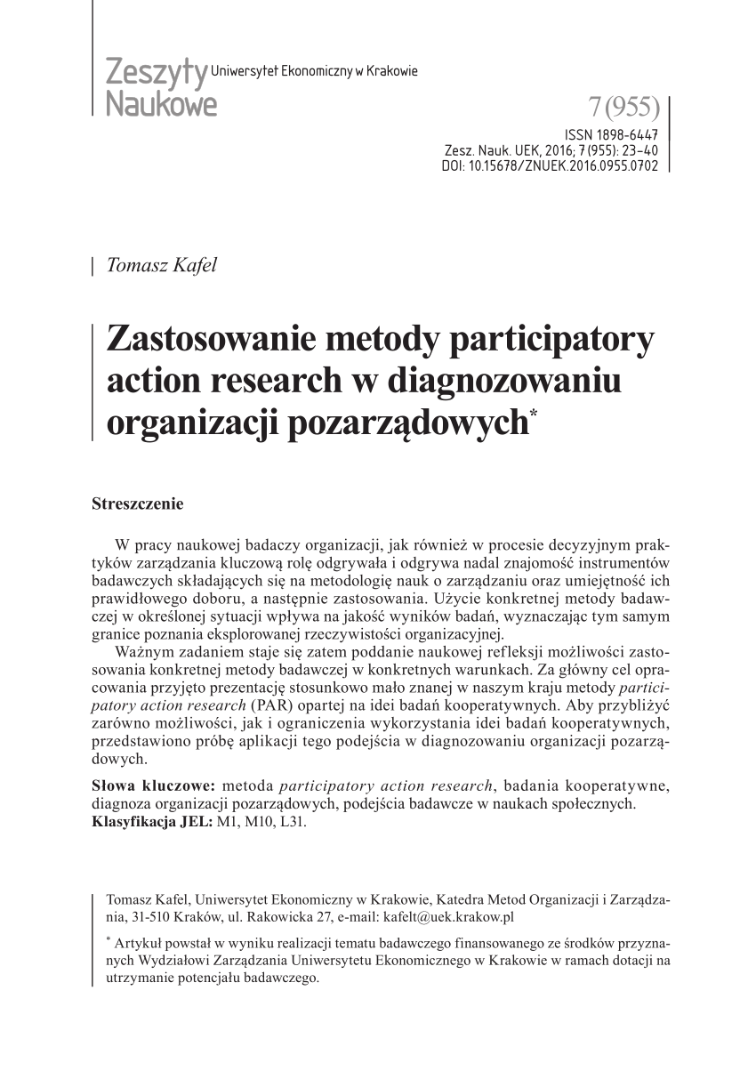 Pdf Zastosowanie Metody Participatory Action Research W Diagnozowaniu Organizacji Pozarzadowych