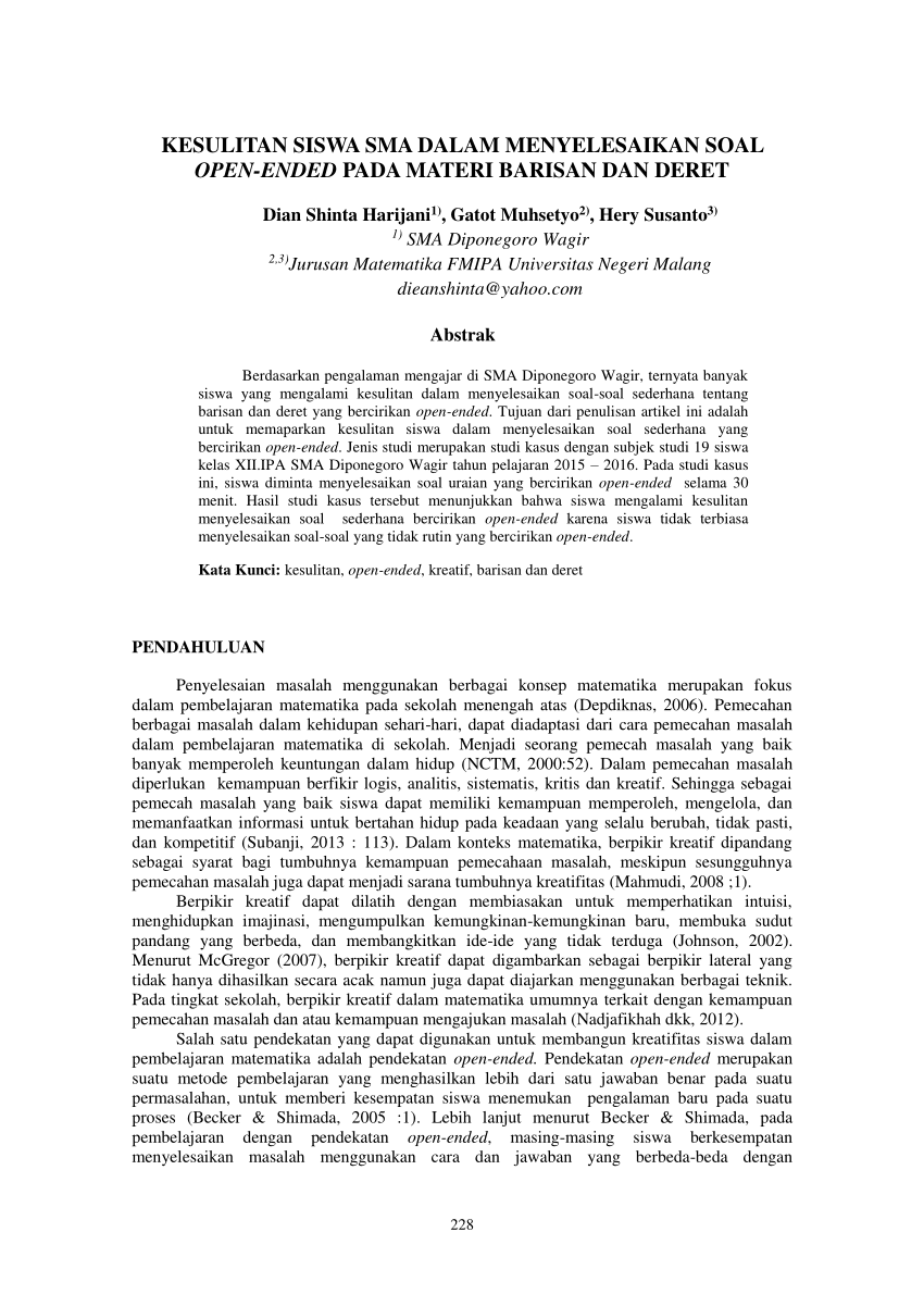 Pdf Kesulitan Siswa Sma Dalam Menyelesaikan Soal Open Ended Pada