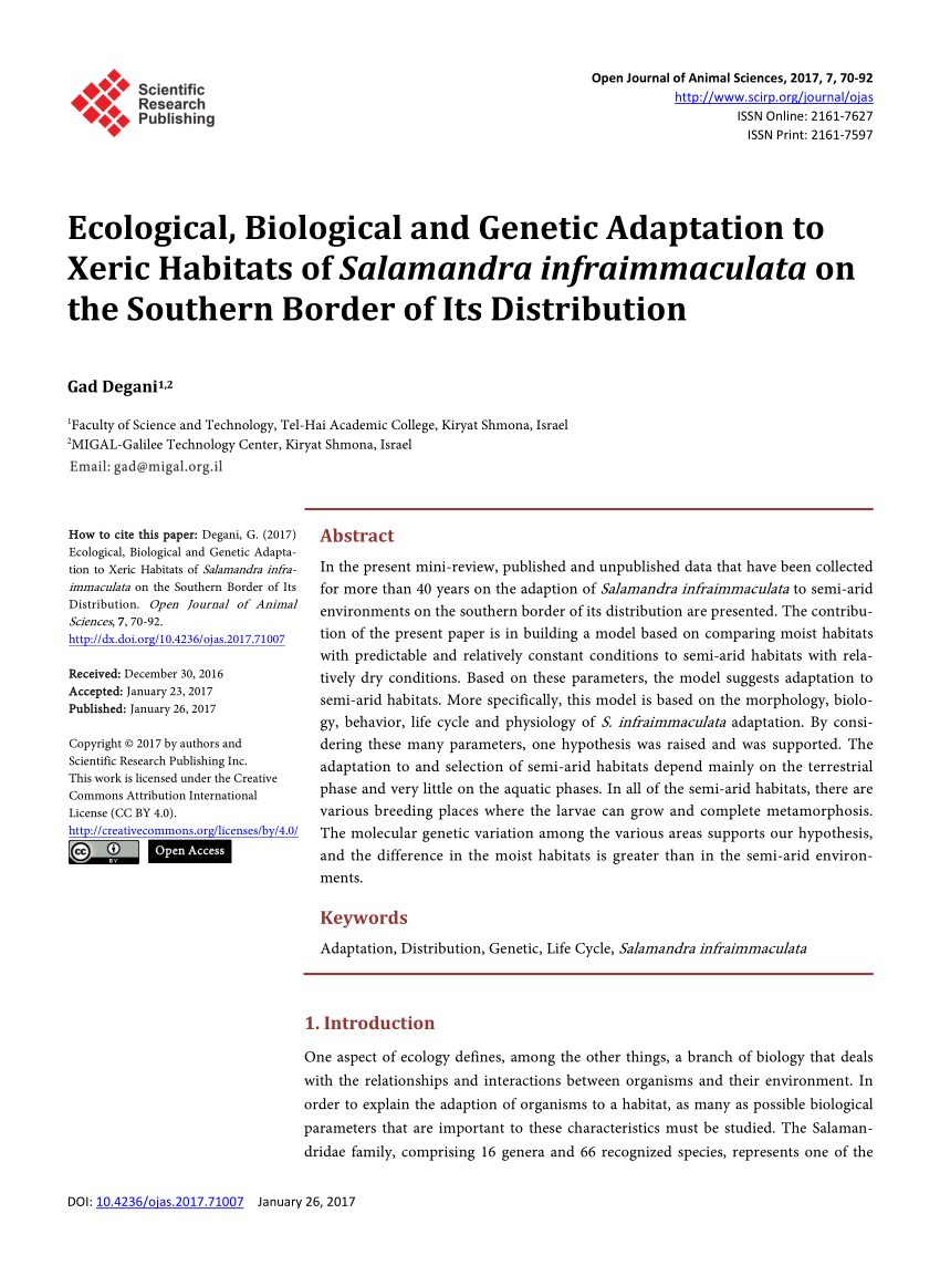 PDF) Ecological, Biological and Genetic Adaptation to Xeric Habitats of  Salamandra infraimmaculata on the Southern Border of Its Distribution