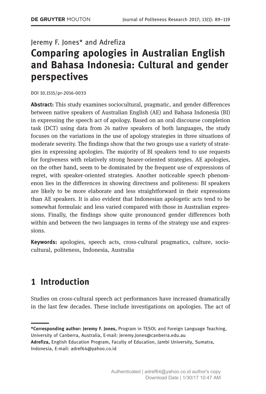 PDF) Comparing apologies in Australian English and Bahasa Indonesia Cultural and gender perspectives image