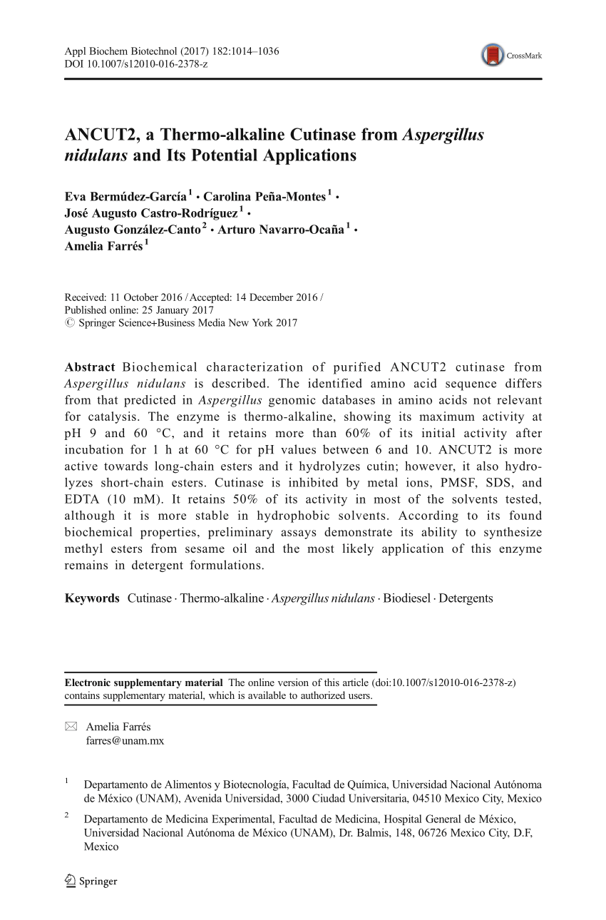 Pdf Ancut2 A Thermo Alkaline Cutinase From Aspergillus Nidulans And Its Potential Applications