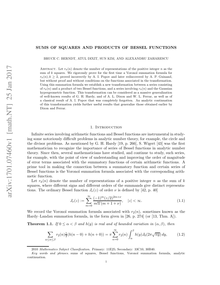 Pdf Sums Of Squares And Products Of Bessel Functions