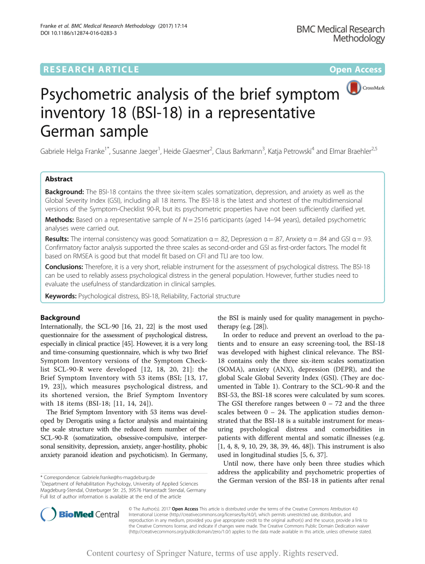 Pdf Psychometric Analysis Of The Brief Symptom Inventory 18 Bsi-18 In A Representative German Sample