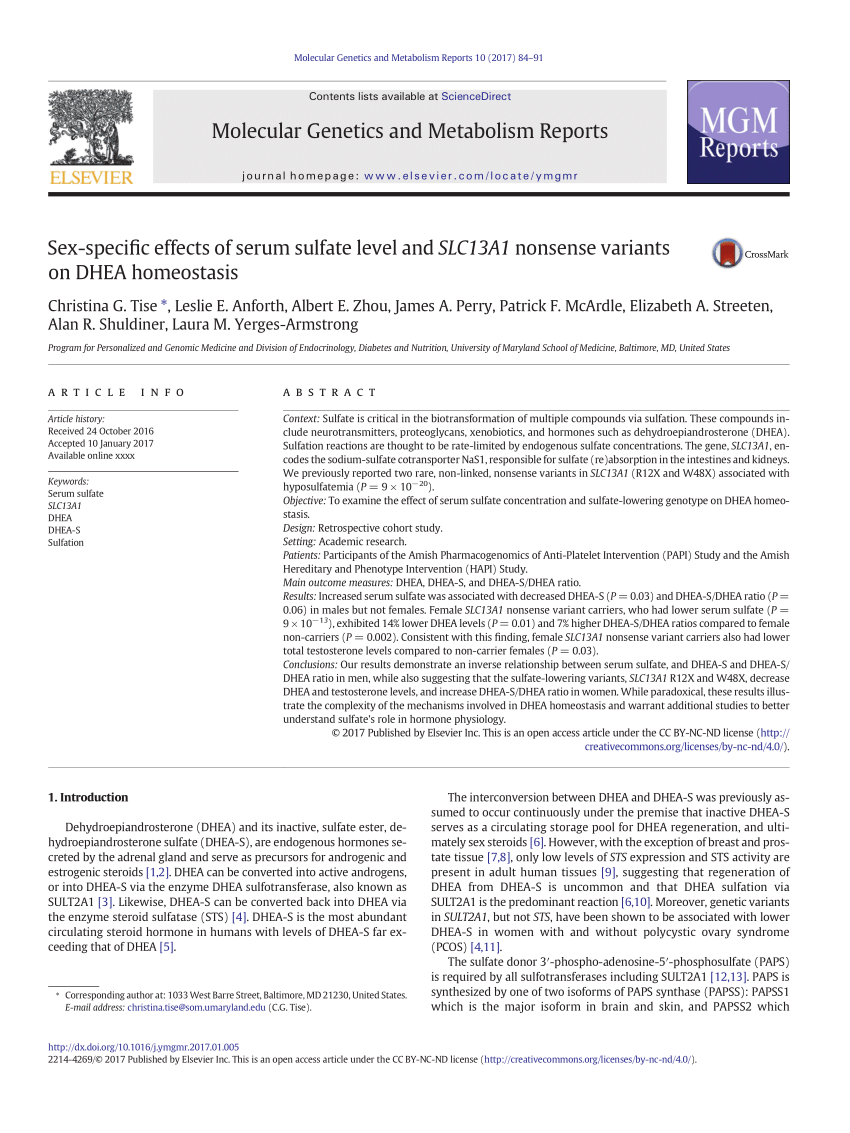 Pdf Sex Specific Effects Of Serum Sulfate Level And Slc13a1 Nonsense Variants On Dhea Homeostasis 3006