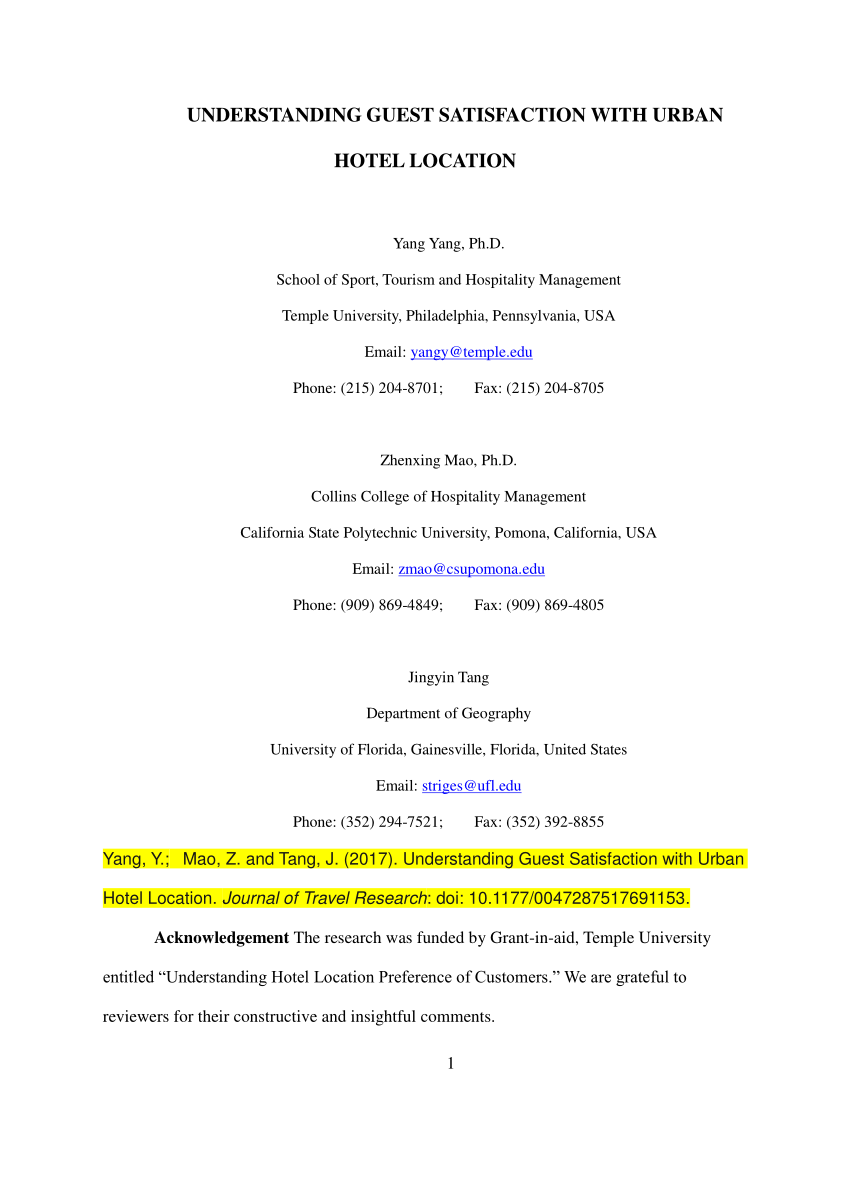 Pdf Understanding Guest Satisfaction With Urban Hotel Location - 