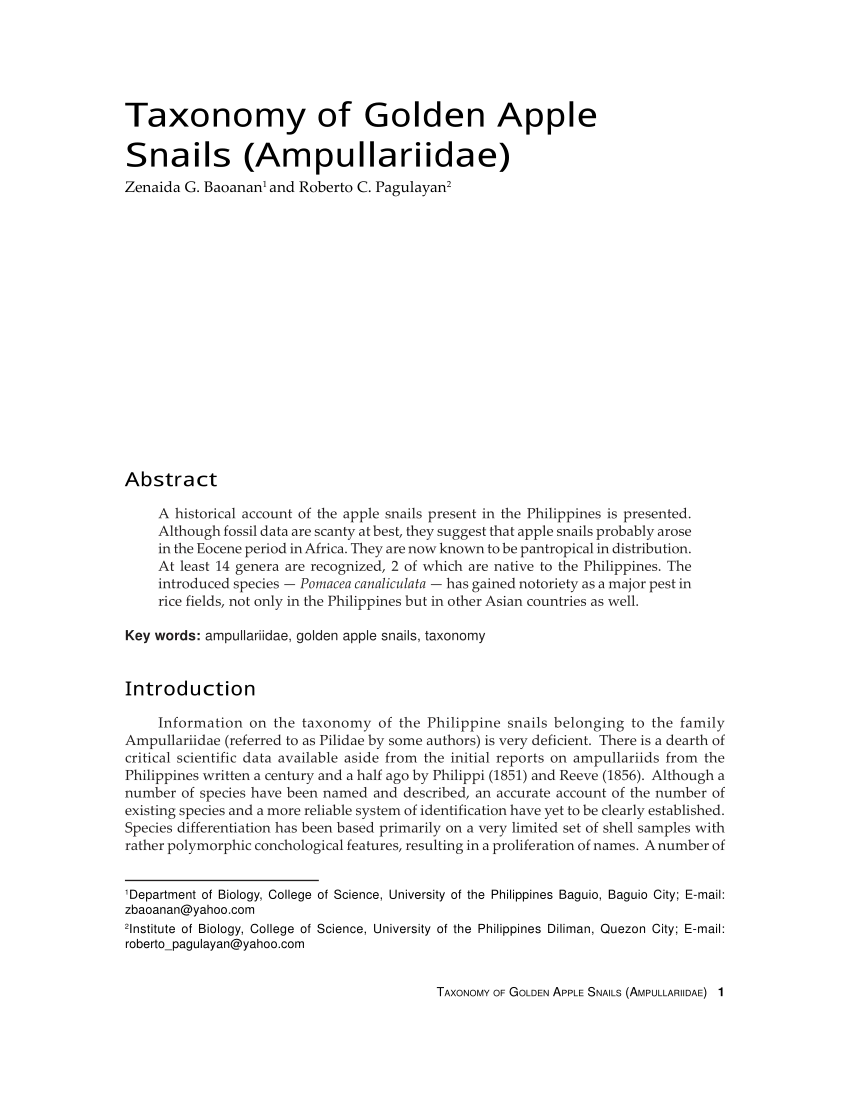 Pdf Taxonomy Of Golden Apple Snails Ampullariidae