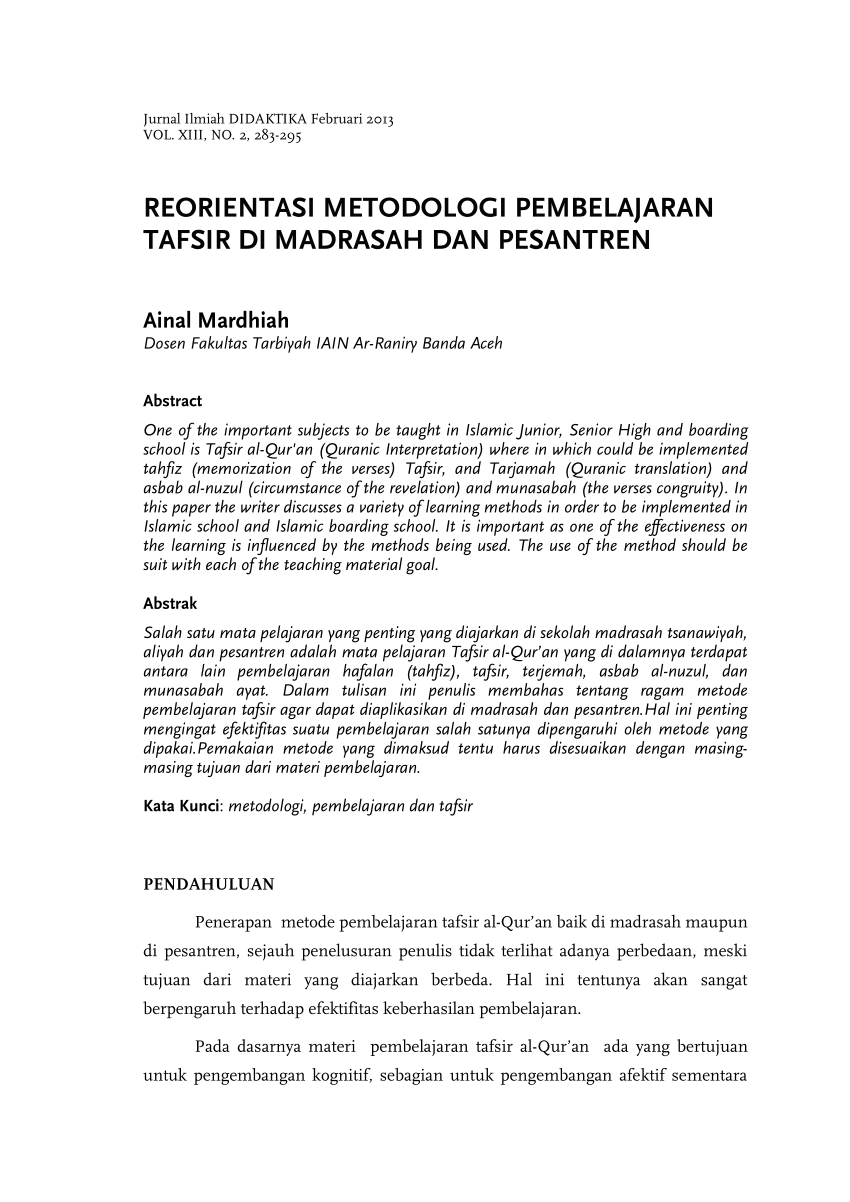 Pdf Reorientasi Metodologi Pembelajaran Tafsir Di Madrasah Dan Pesantren