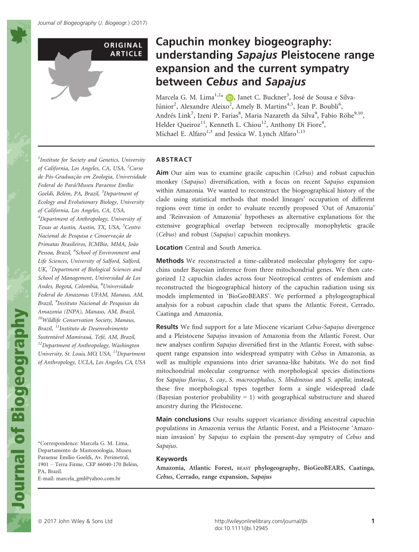 Pdf Capuchin Monkey Biogeography Understanding Sapajus Pleistocene Range Expansion And The Current Sympatry Between Cebus And Sapajus