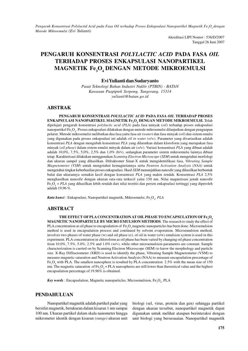 Pdf Pengaruh Konsentrasi Polylactid Acid Pada Fasa Oil Terhadap Proses Enkapsulasi 1383