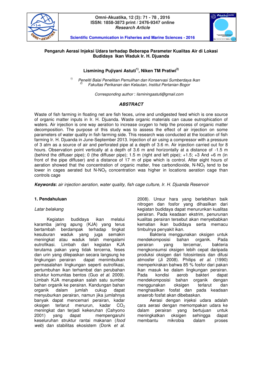 PDF Pengaruh Aerasi Injeksi Udara Terhadap
