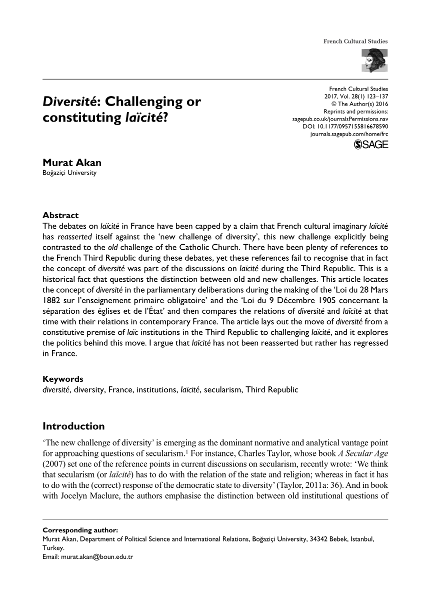 Pdf Diversite Challenging Or Constituting Laicite