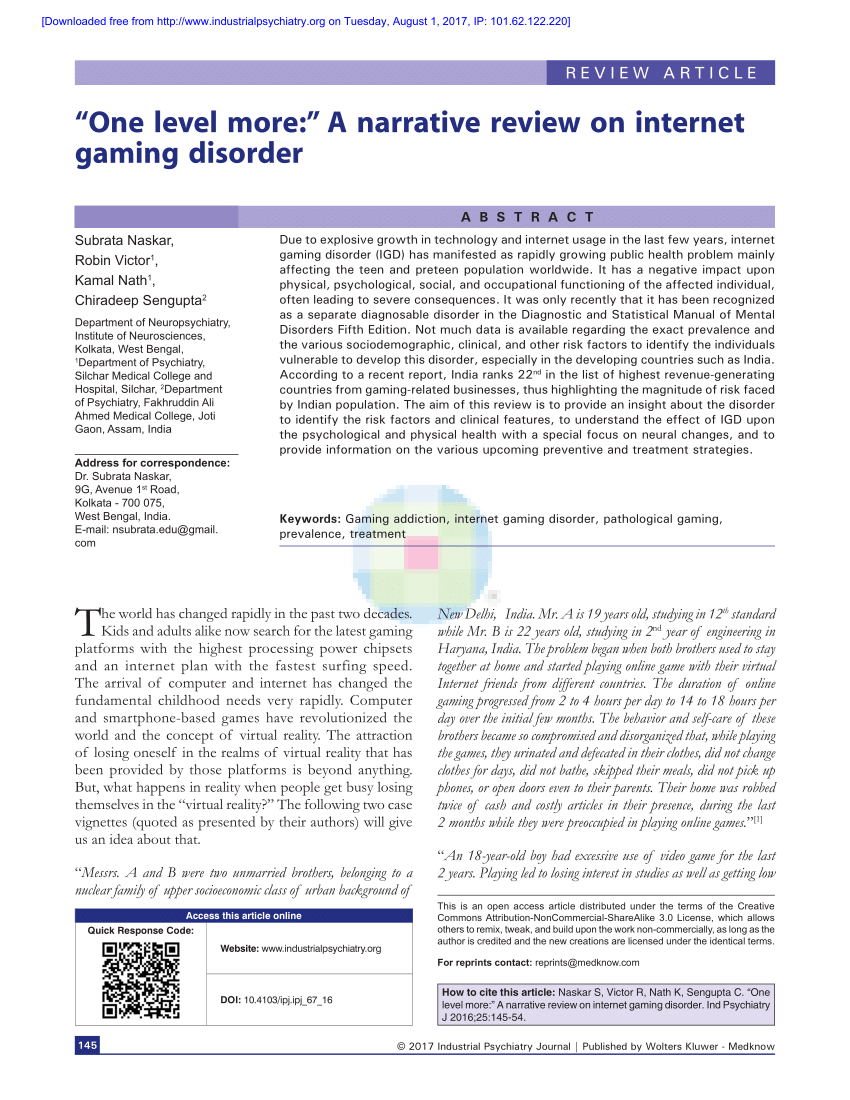 PDF) Just one more level: Identifying and addressing internet gaming  disorder within primary care