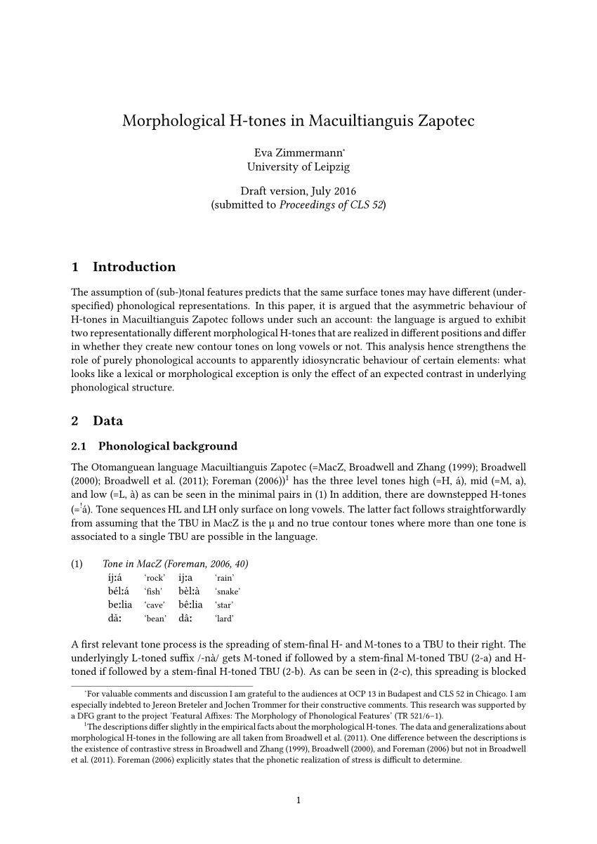 Pdf Morphological H Tones In Macuiltianguis Zapotec