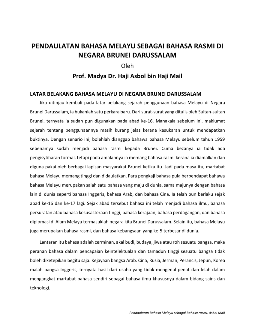 Pdf Pendaulatan Bahasa Melayu Sebagai Bahasa Rasmi Di Negara Brunei Darussalam