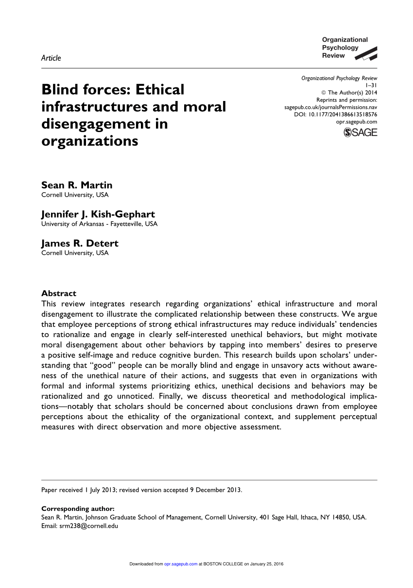 Pdf Blind Forces Ethical Infrastructures And Moral Disengagement In Organizations