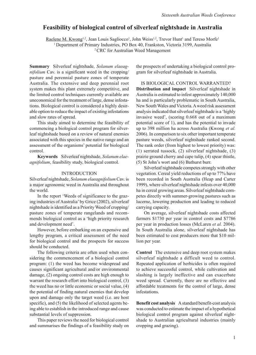 Pdf Feasibility Of Biological Control Of Silverleaf Nightshade In Australia