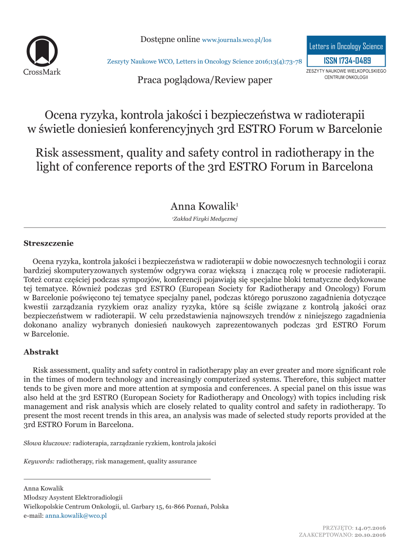 Pdf Ocena Ryzyka Kontrola Jakości I Bezpieczeństwa W Radioterapii W świetle Doniesień 1020