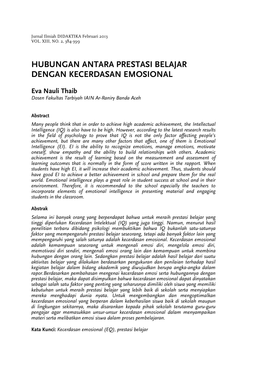 Pdf Hubungan Antara Prestasi Belajar Dengan Kecerdasan Emosional