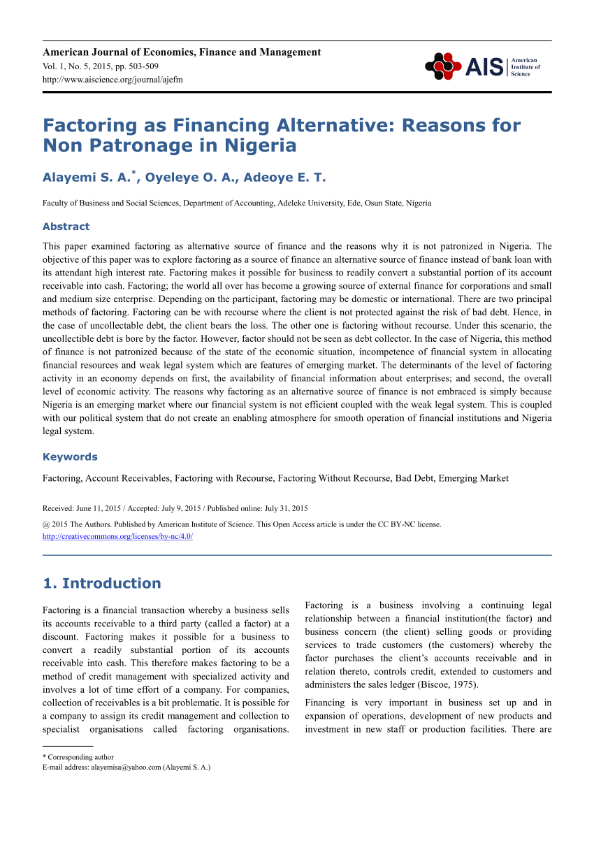 PDF) Factoring as Financing Alternative: Reasons for Non Patronage in  Nigeria