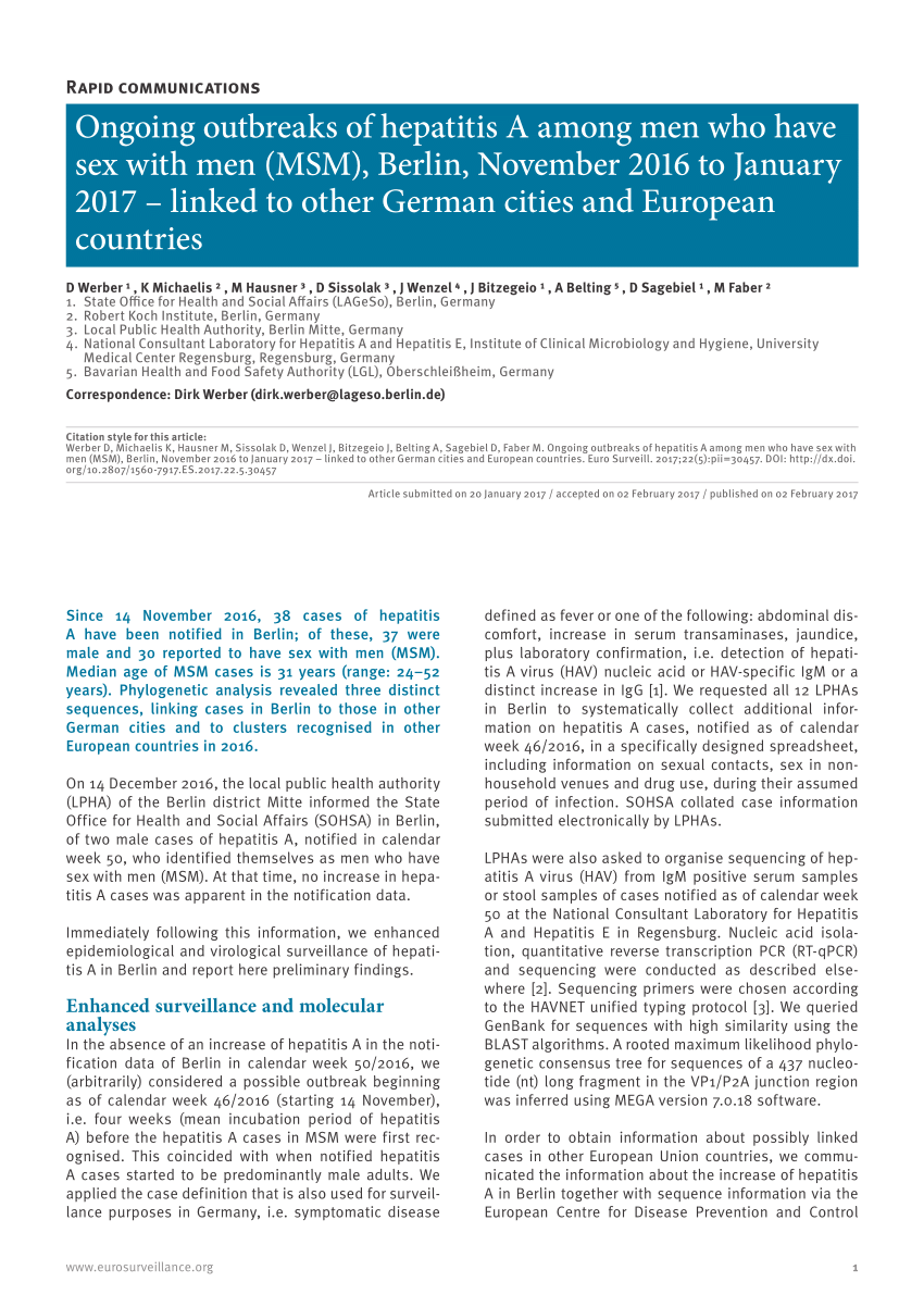 PDF) Ongoing outbreaks of hepatitis A among men who have sex with men  (MSM), Berlin, November 2016 to January 2017 – linked to other German  cities and European countries