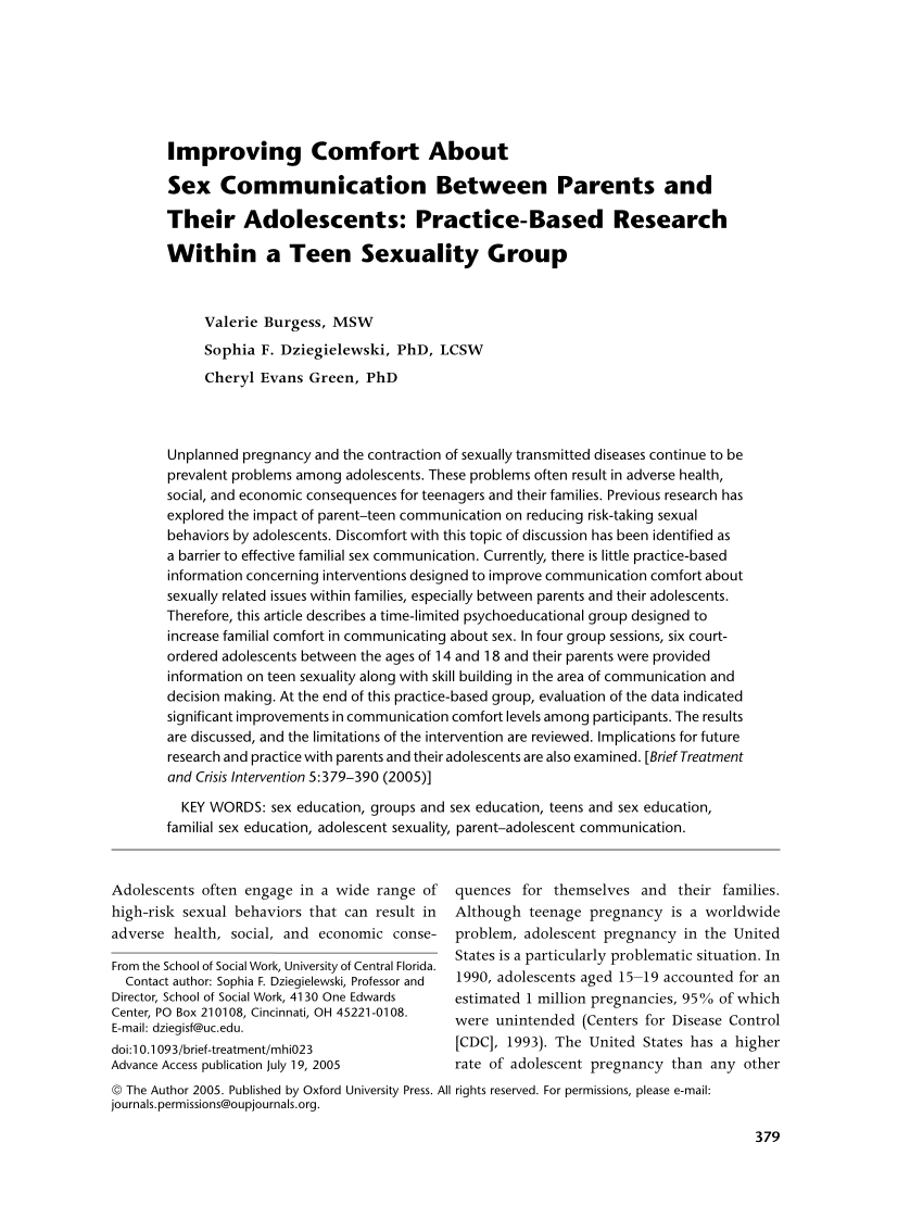 PDF) Improving Comfort About Sex Communication Between Parents and Their  Adolescents: Practice-Based Research Within a Teen Sexuality Group