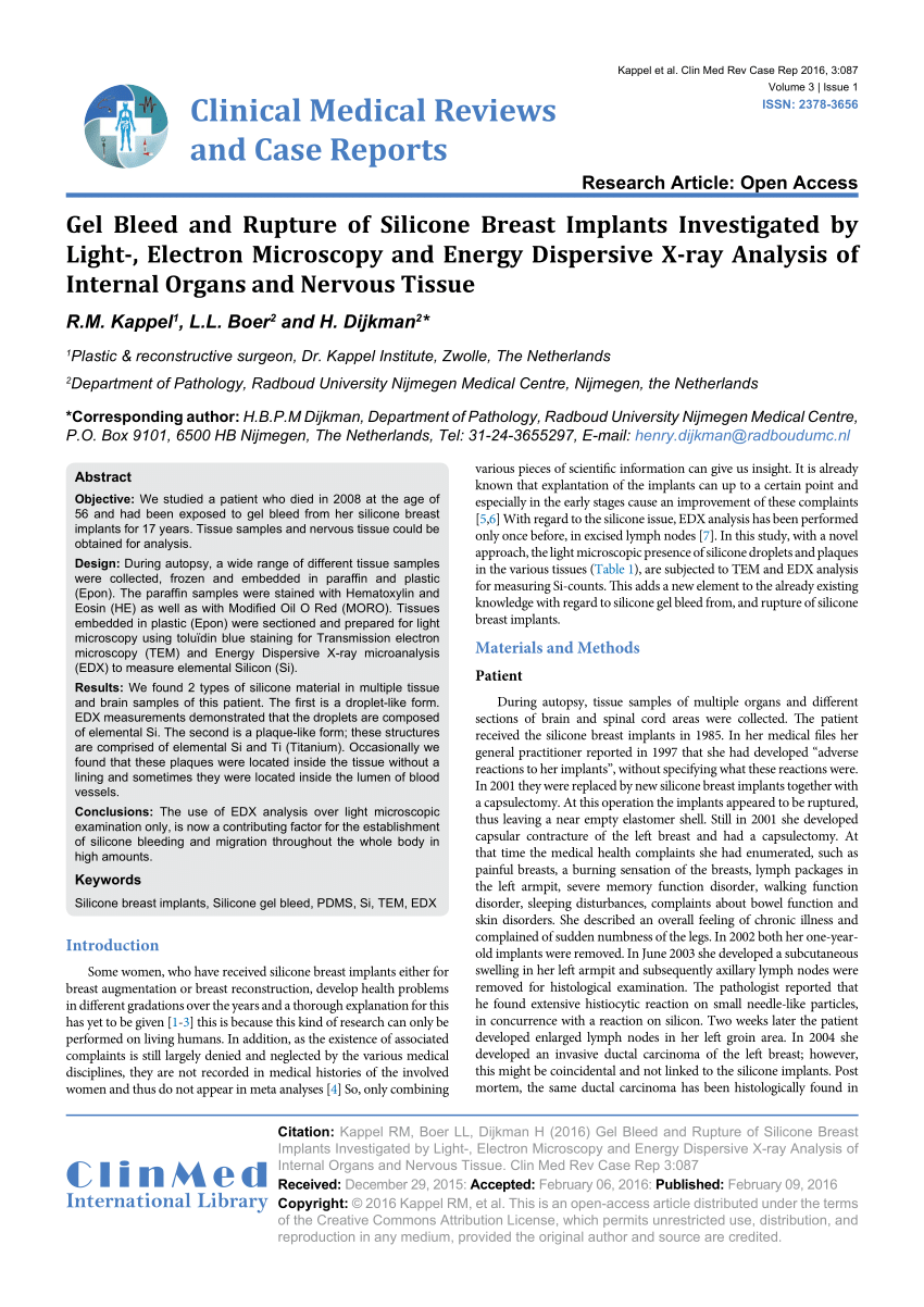 PDF) Gel Bleed and Rupture of Silicone Breast Implants Investigated by  Light-, Electron Microscopy and Energy Dispersive X-ray Analysis of  Internal Organs and Nervous Tissue
