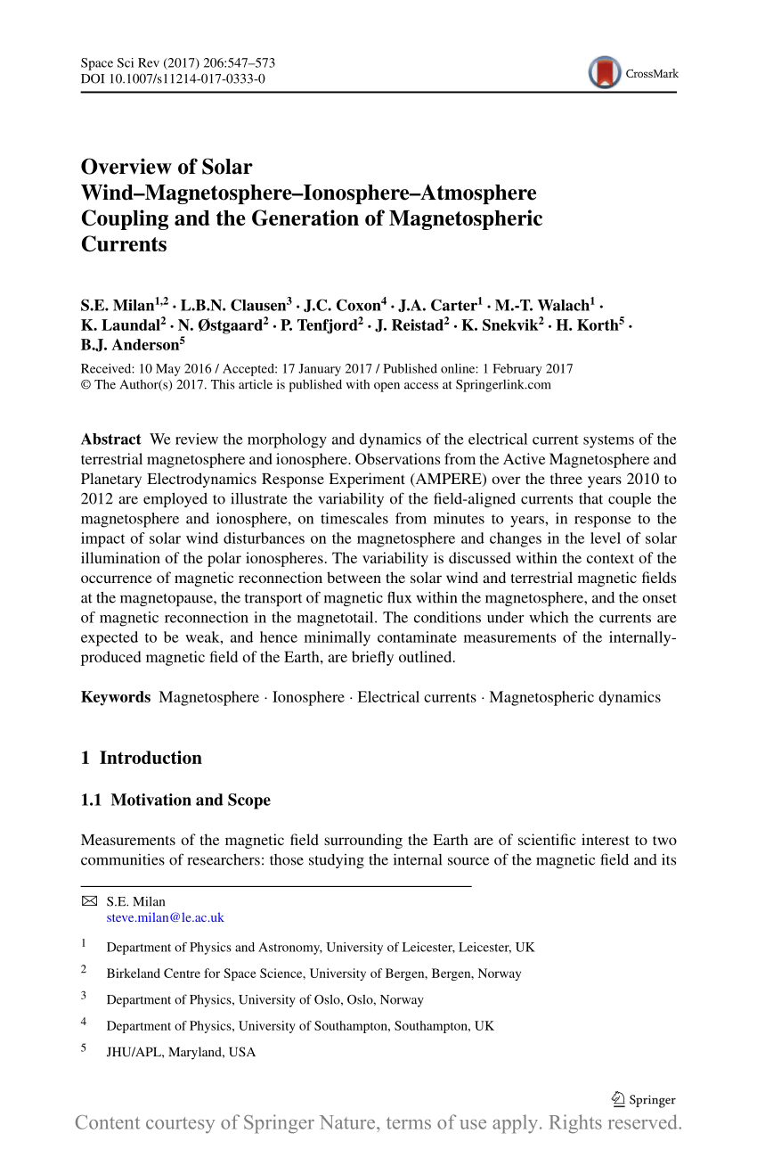 Pdf Overview Of Solar Wind Magnetosphere Ionosphere Atmosphere Coupling And The Generation Of Magnetospheric Currents