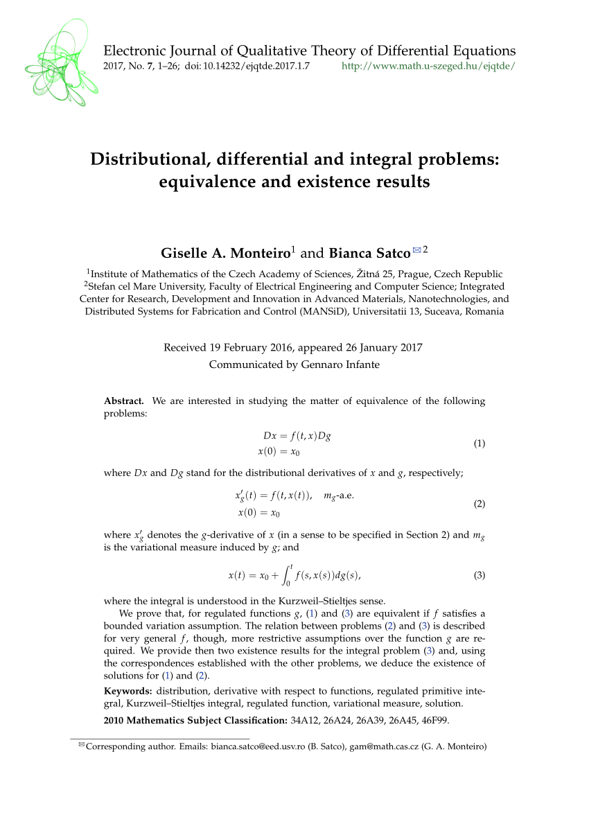 Pdf Distributional Differential And Integral Problems Equivalence And Existence Results