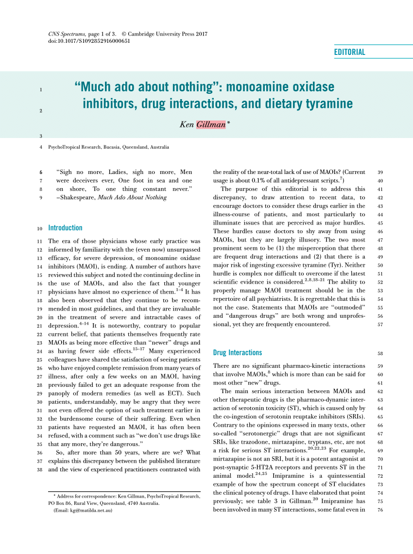 Pdf Much Ado About Nothing Monoamine Oxidase Inhibitors Drug Interactions And Dietary Tyramine