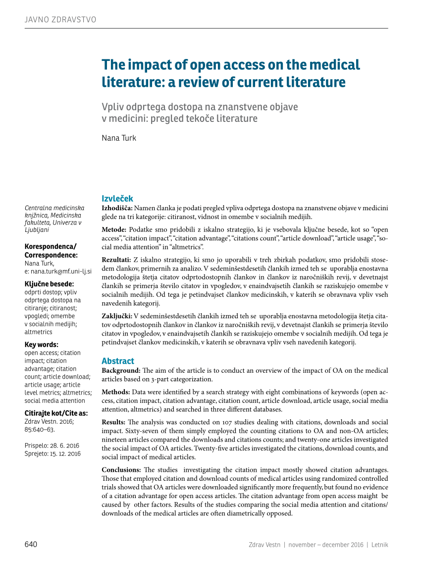 Pdf The Impact Of Open Access On The Medical Literature A Review Of Current Literature