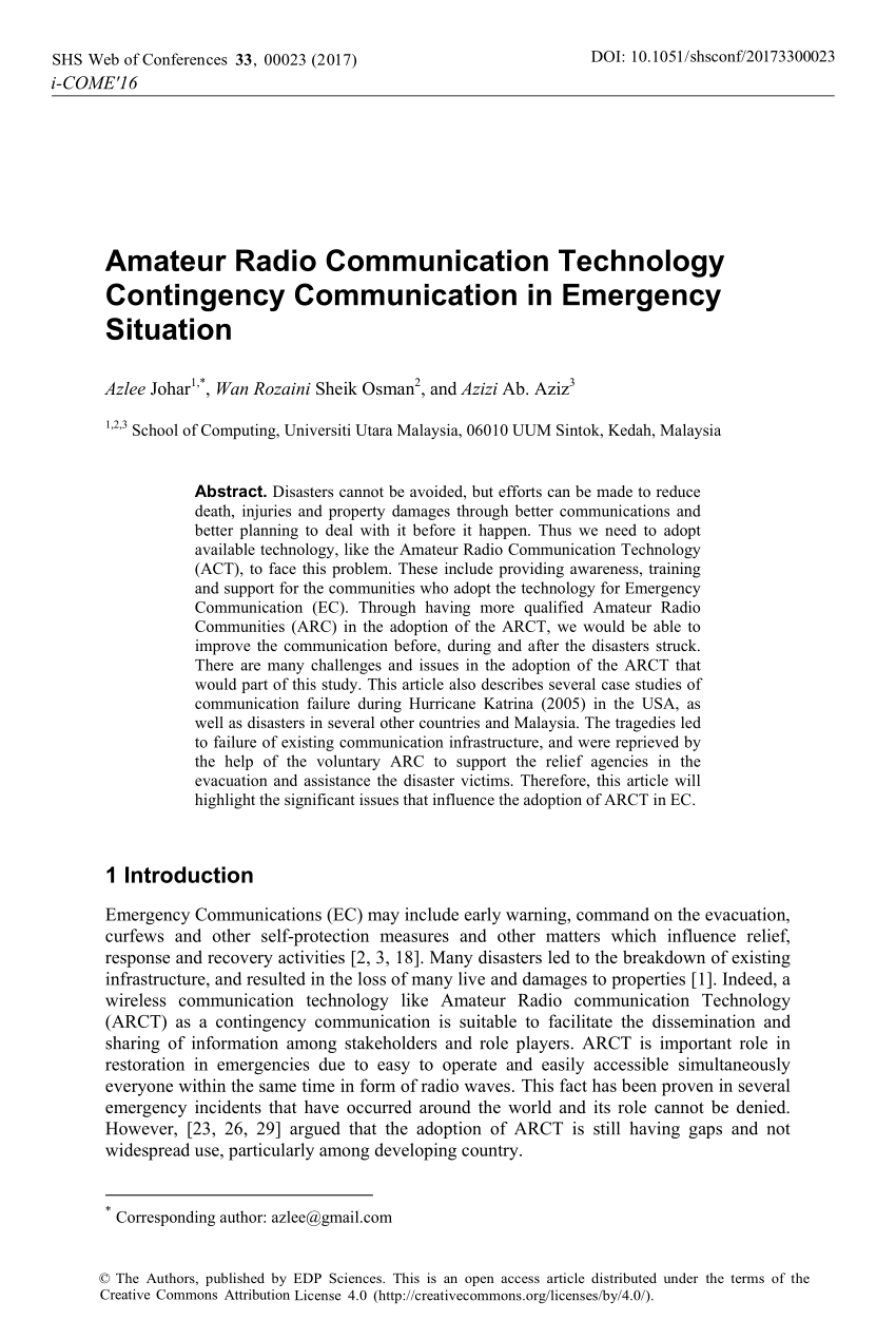 Pdf Amateur Radio Communication Technology Contingency Communication In Emergency Situation