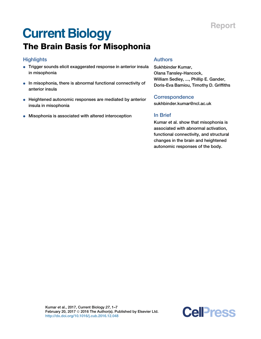 Pdf The Brain Basis For Misophonia