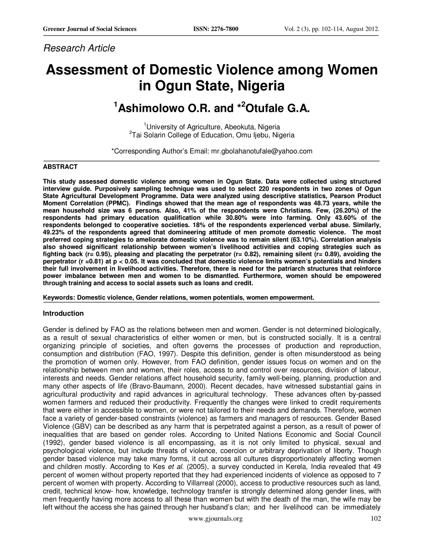 Pdf Assessment Of Domestic Violence Among Women In Ogun State Nigeria