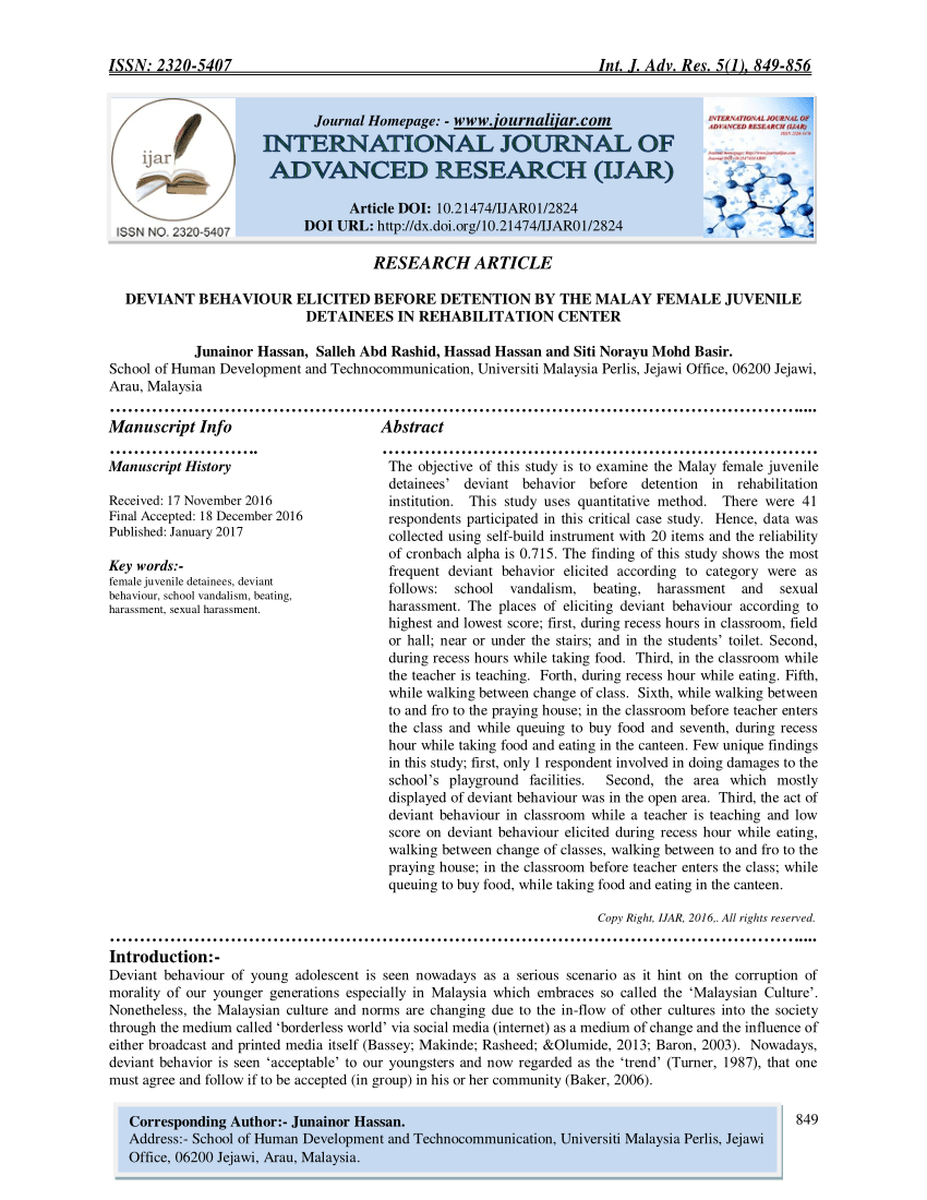 Pdf Deviant Behaviour Elicited Before Detention By The Malay Female Juvenile Detainees In Rehabilitation Center