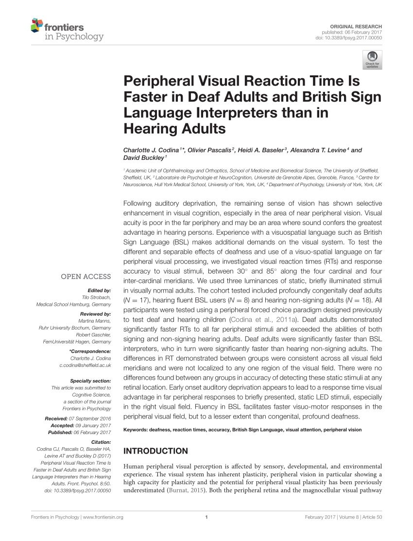 PDF) Peripheral Visual Reaction Time Is Faster in Deaf Adults and ...