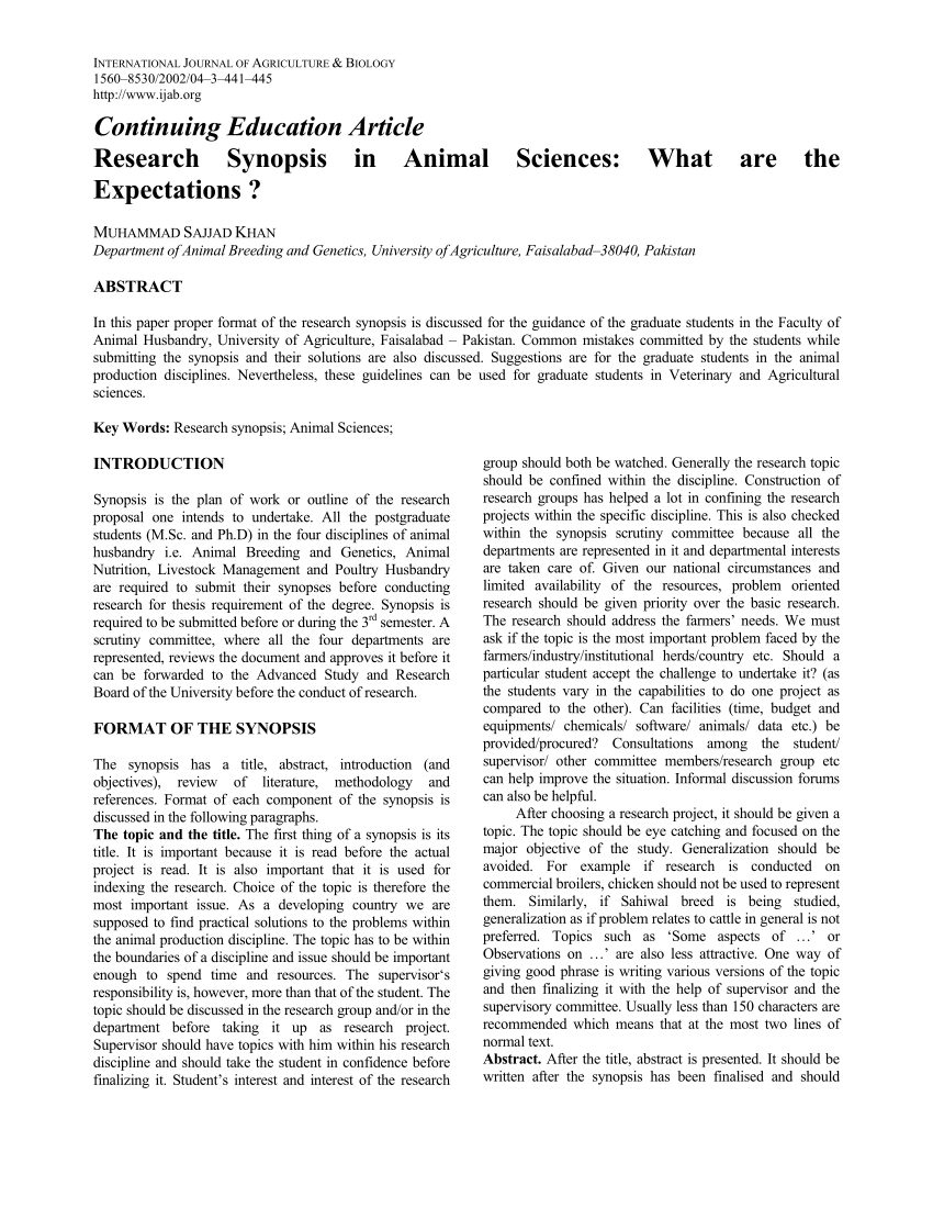 PDF) Research Synopsis in Animal Sciences: What are the Expectations ?
