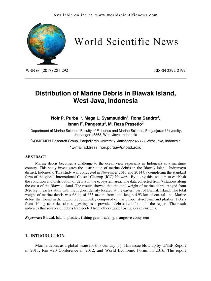 Pdf Distribution Of Marine Debris In Biawak Island West