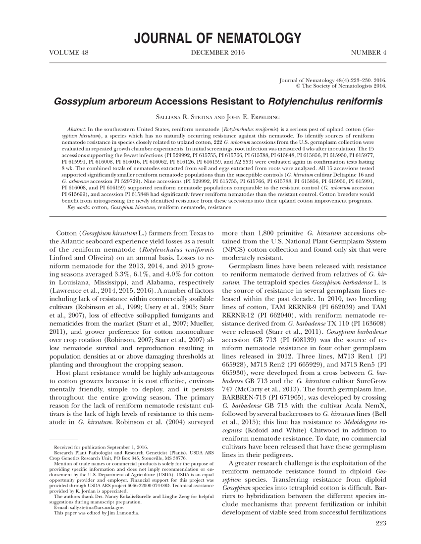 PDF) Gossypium arboreum Accessions Resistant to Rotylenchulus 