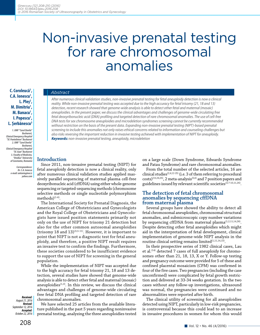 Pdf Non Invasive Prenatal Testing For Rare Chromosomal Anomalies