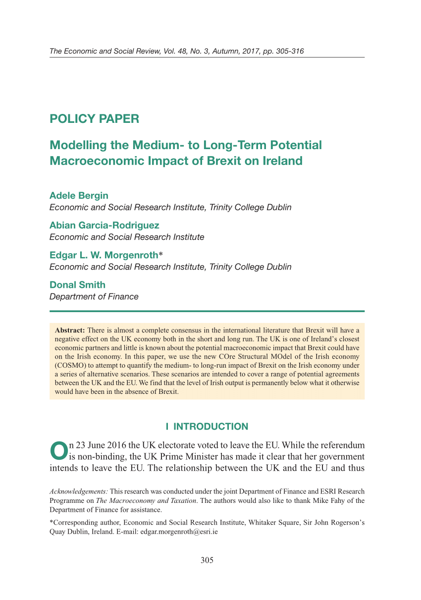 Pdf Modelling The Medium To Long Term Potential Macroeconomic Impact Of Brexit On Ireland