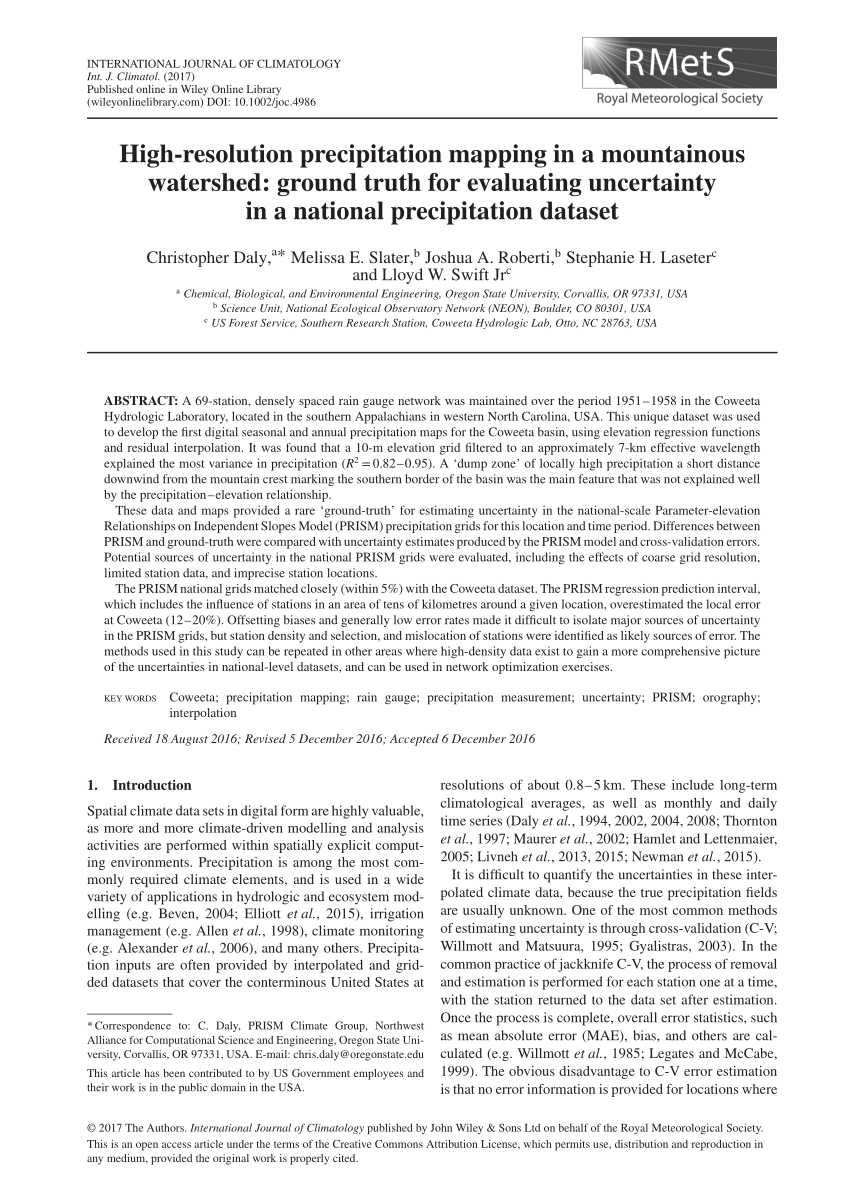 Pdf High Resolution Precipitation Mapping In A Mountainous Watershed Ground Truth For Evaluating Uncertainty In A National Precipitation Dataset High Resolution Precipitation Mapping In A Mountainous Watershed