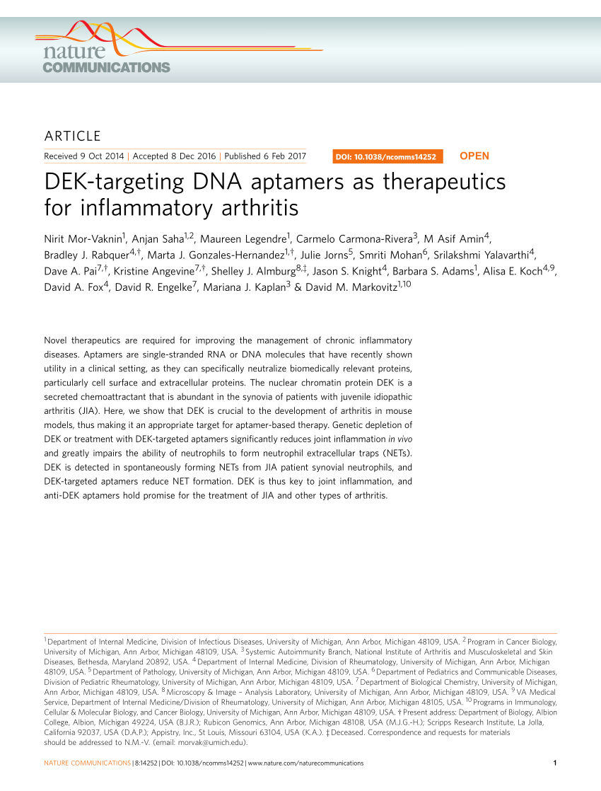 PDF) DEK-targeting DNA aptamers as therapeutics for inflammatory ...