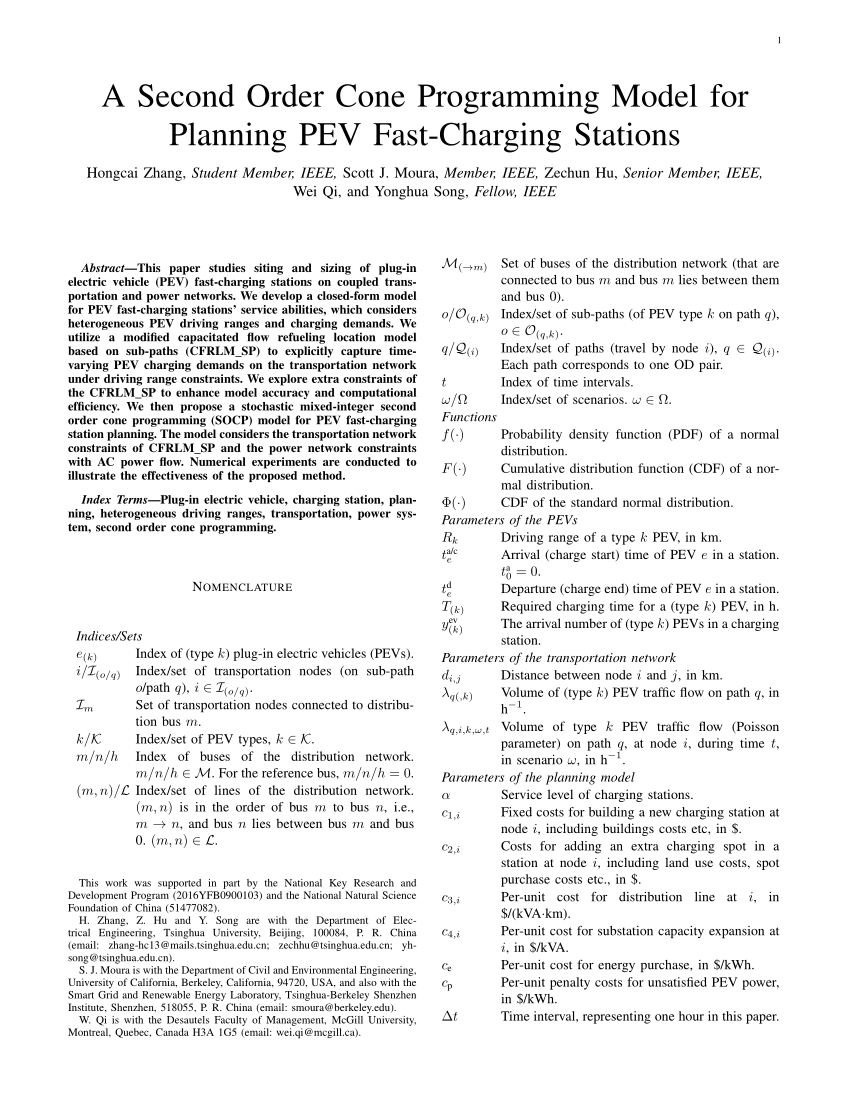 (PDF) A Second Order Cone Programming Model for PEV FastCharging
